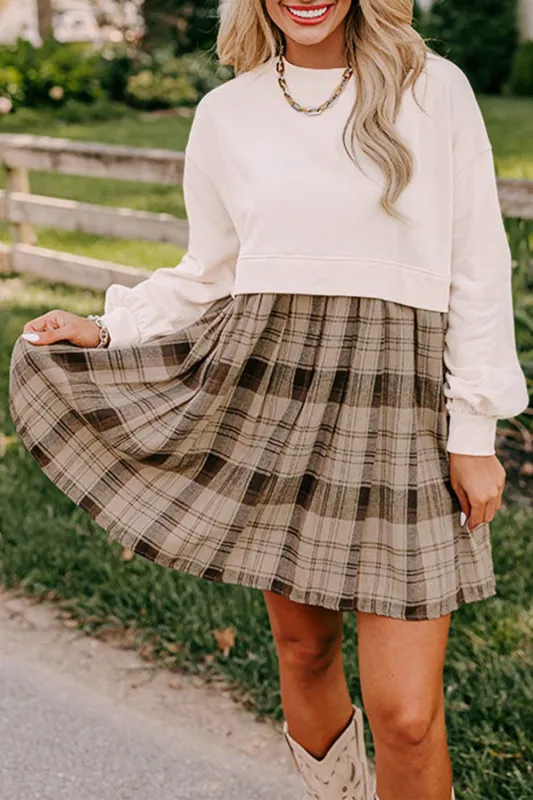 Beige Plaid Patchwork High Waist Sweatshirt Mini Dress sold by Beagle Boutique