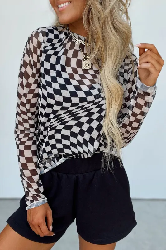 Black Checkered Pattern Mesh Mock Neck Long Sleeve Top sold by Beagle Boutique