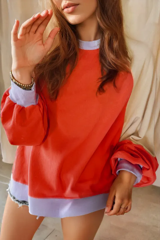 Orange Colour Block Side Slits Raglan Sleeve Loose Fit Top sold by Beagle Boutique