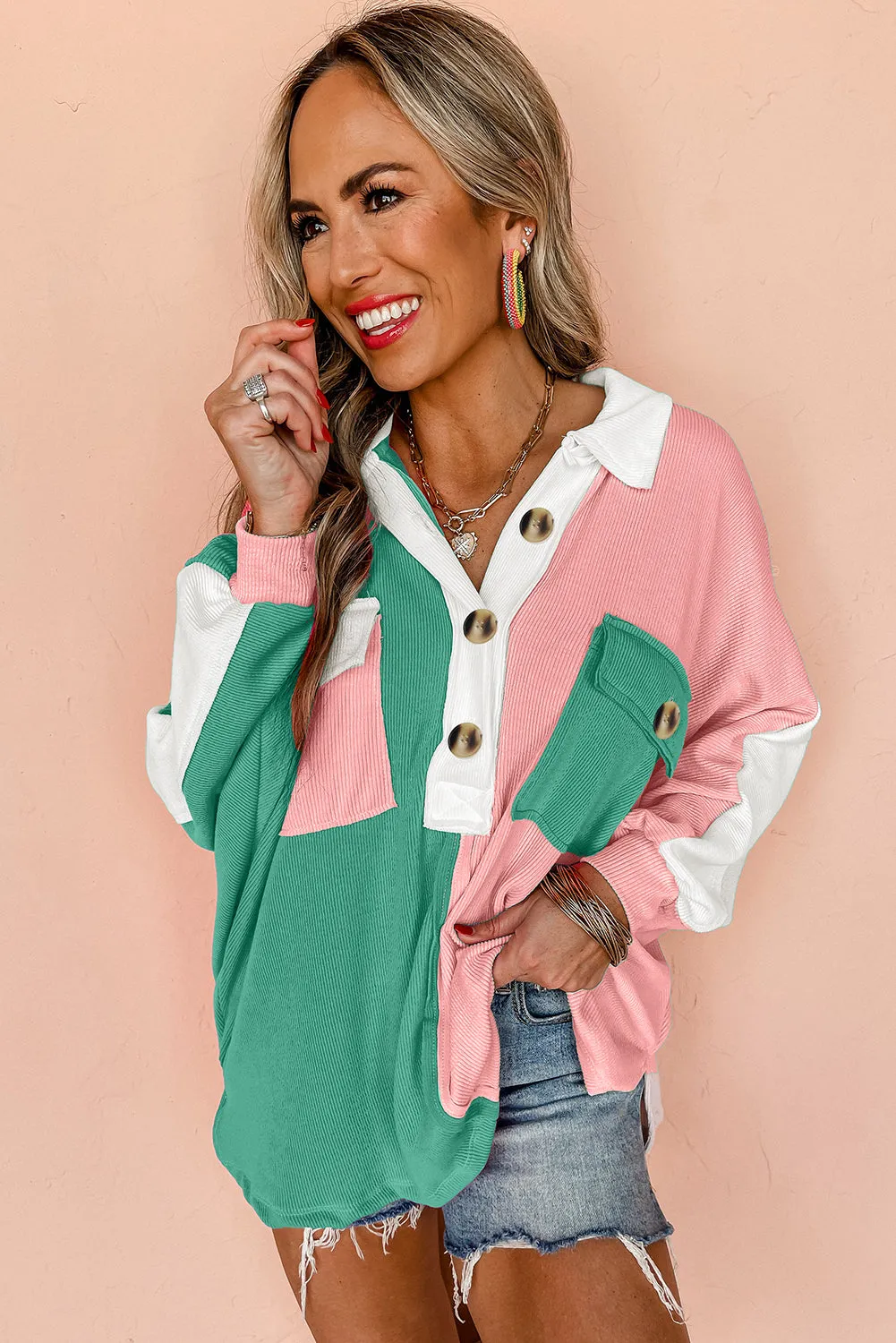 Pink Colourblock Ribbed Collared Oversized Sweatshirt sold by Beagle Boutique product image thumbnail 3
