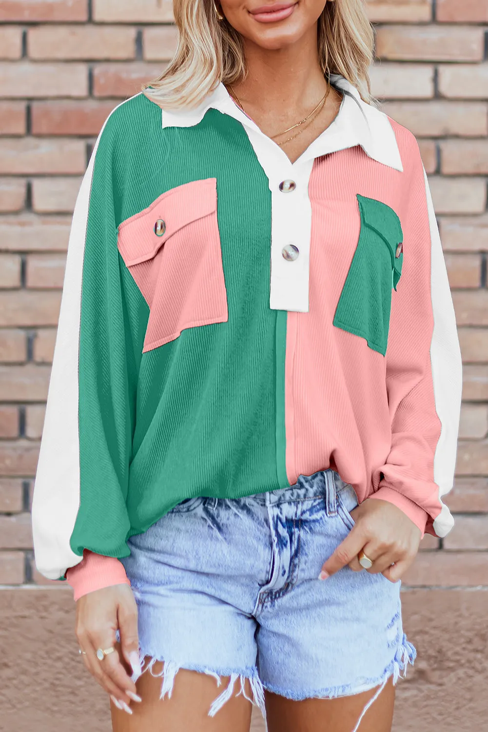 Pink Colourblock Ribbed Collared Oversized Sweatshirt sold by Beagle Boutique product image thumbnail 4