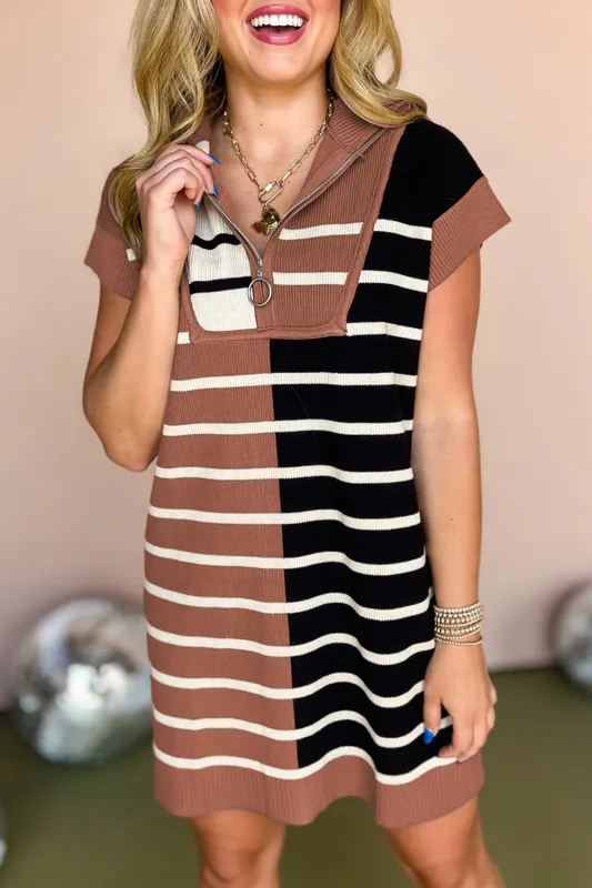 Khaki Stripe Colour Block Quarter Zip Collar Short Sleeve Sweater Dress sold by Beagle Boutique