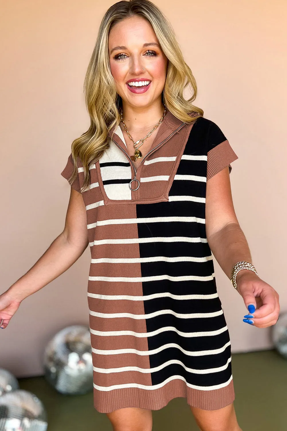 Khaki Stripe Colour Block Quarter Zip Collar Short Sleeve Sweater Dress sold by Beagle Boutique product image thumbnail 3