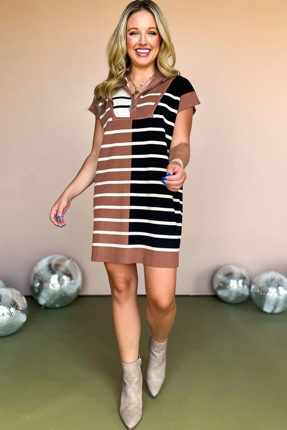 Khaki Stripe Colour Block Quarter Zip Collar Short Sleeve Sweater Dress sold by Beagle Boutique product image thumbnail 2