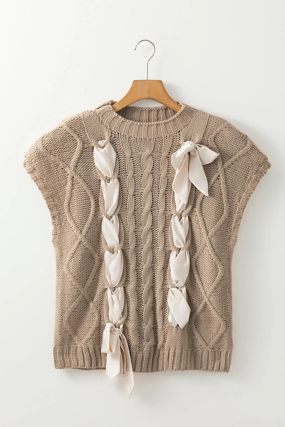 Simply Taupe Cable Knit Colourblock Satin Bowknot Short Sleeve Sweater sold by Beagle Boutique product image thumbnail 4