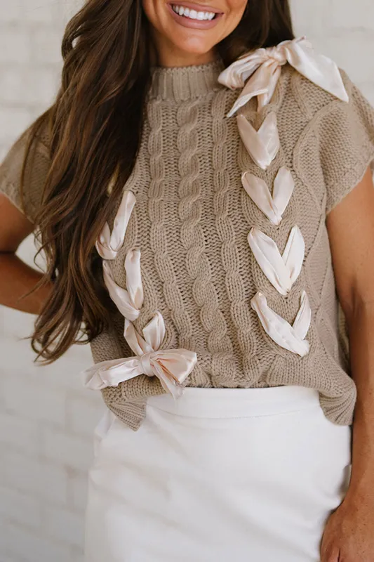 Simply Taupe Cable Knit Colourblock Satin Bowknot Short Sleeve Sweater sold by Beagle Boutique