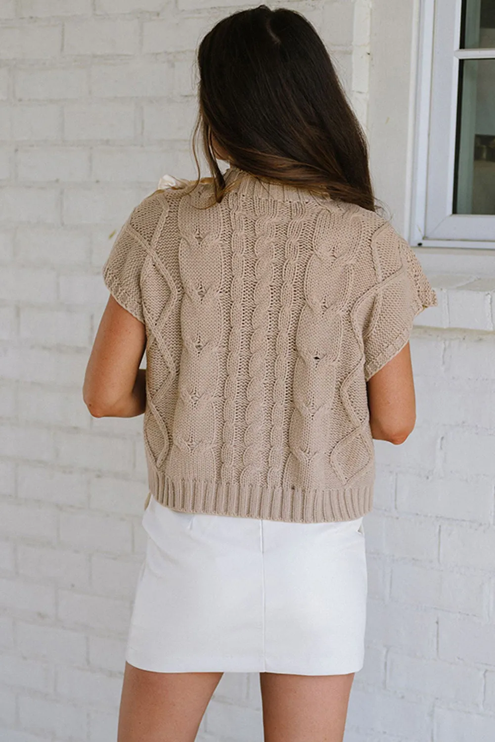 Simply Taupe Cable Knit Colourblock Satin Bowknot Short Sleeve Sweater sold by Beagle Boutique product image thumbnail 2