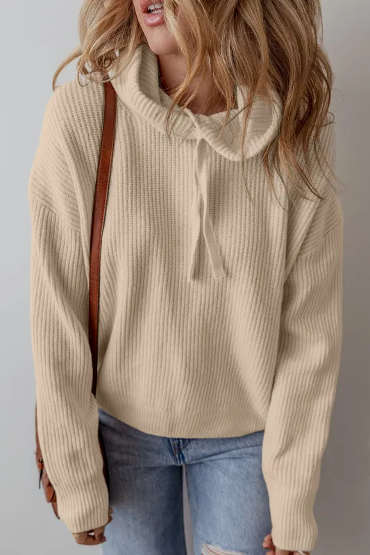 Beige Solid Colour Drawstring Hooded Drop Shoulder Pullover Sweater sold by Beagle Boutique
