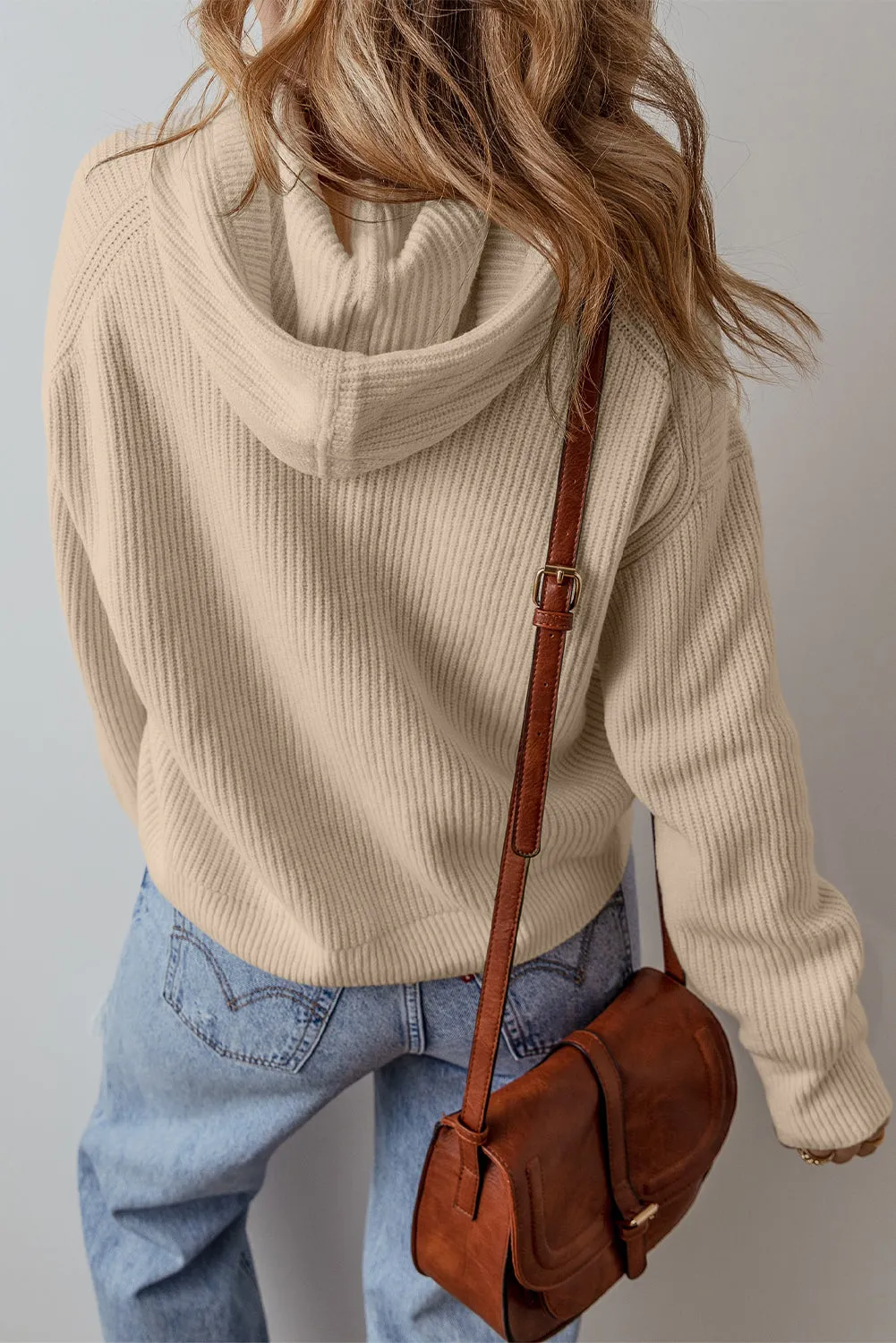 Beige Solid Colour Drawstring Hooded Drop Shoulder Pullover Sweater sold by Beagle Boutique product image thumbnail 2