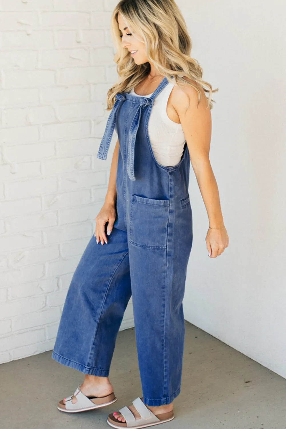 Blue Mineral Wash Knot Strap Patched Pocket Wide Leg Denim Overalls Dungarees sold by Beagle Boutique product image thumbnail 3