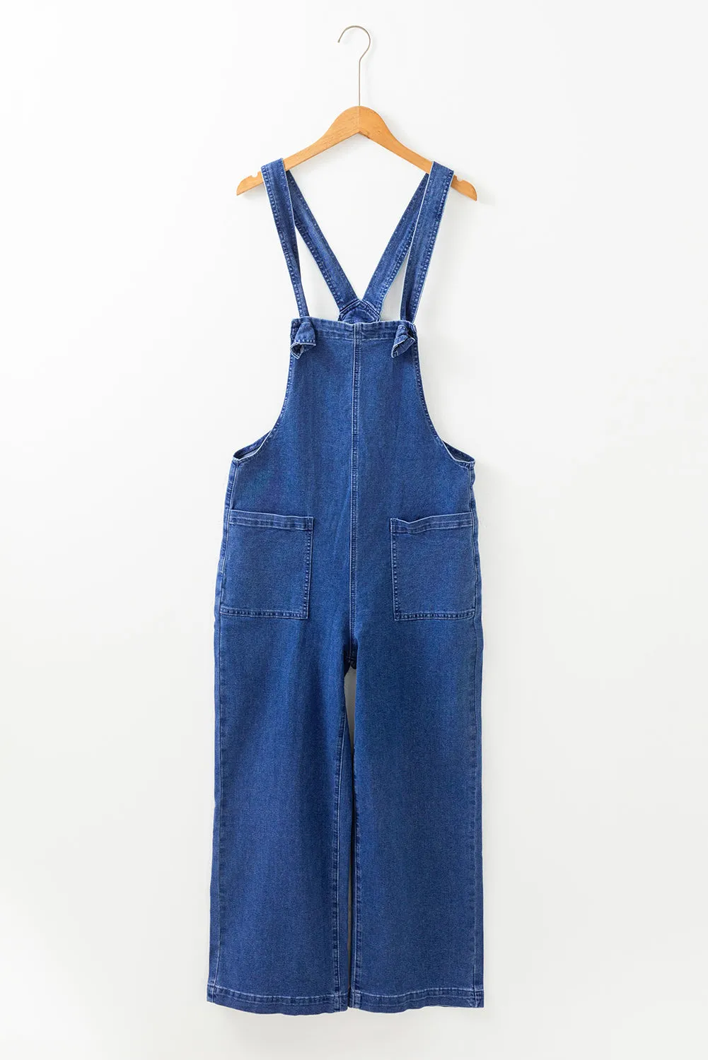 Blue Mineral Wash Knot Strap Patched Pocket Wide Leg Denim Overalls Dungarees sold by Beagle Boutique product image thumbnail 4