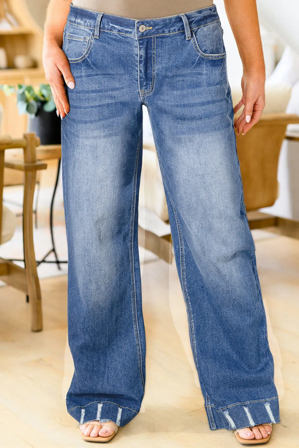 Ashleigh Blue Medium Wash Ripped Edge Flared Plus Size Jeans sold by Beagle Boutique