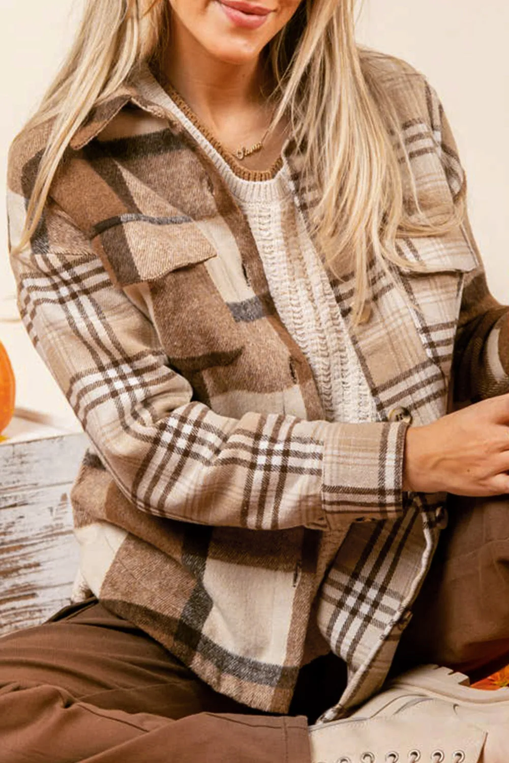 Light French Beige Flannel Plaid Double Flap Pocket Shacket sold by Beagle Boutique