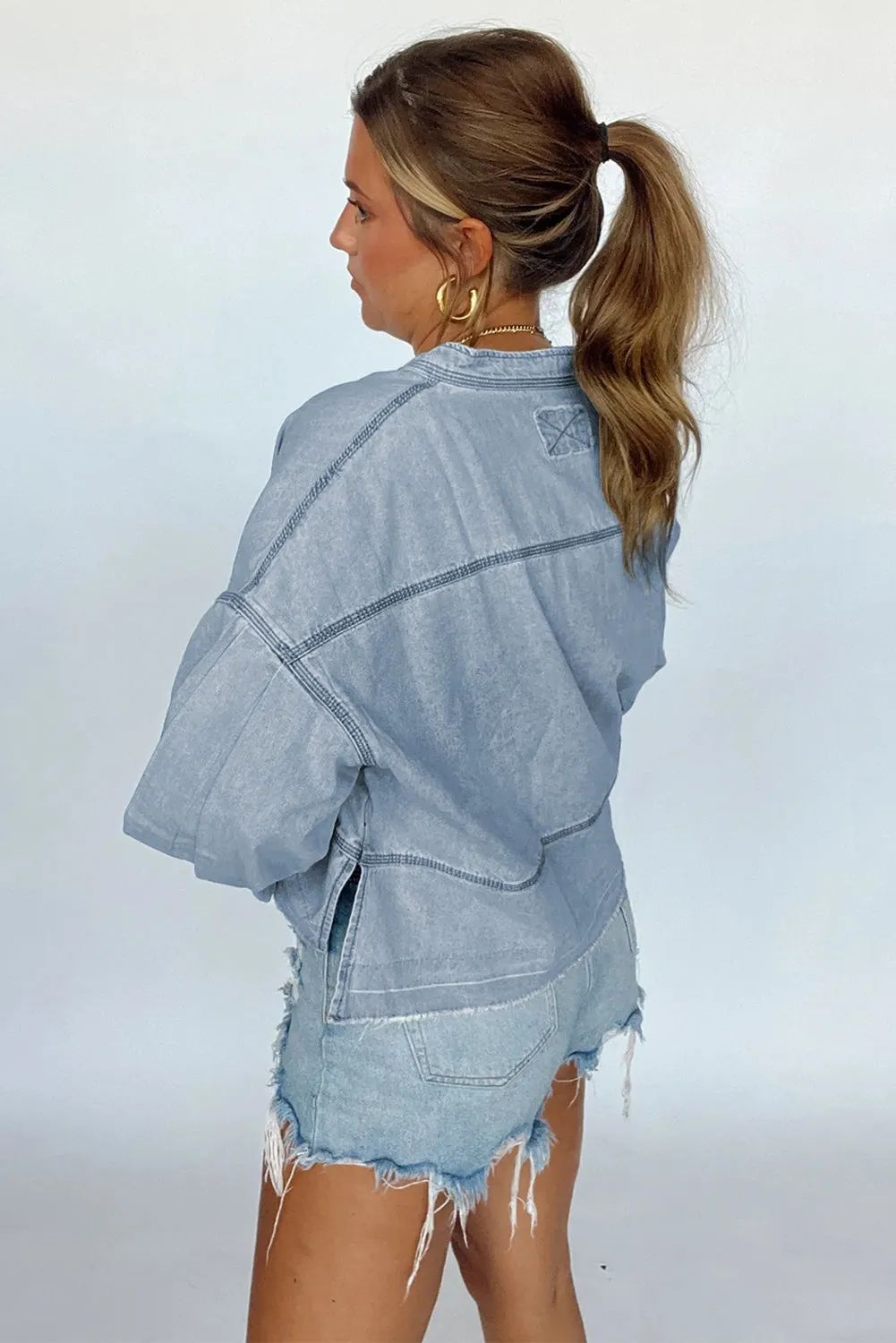 Beau Blue Light Wash Exposed Stitching Raw Hem V Neck Denim Top sold by Beagle Boutique product image thumbnail 5