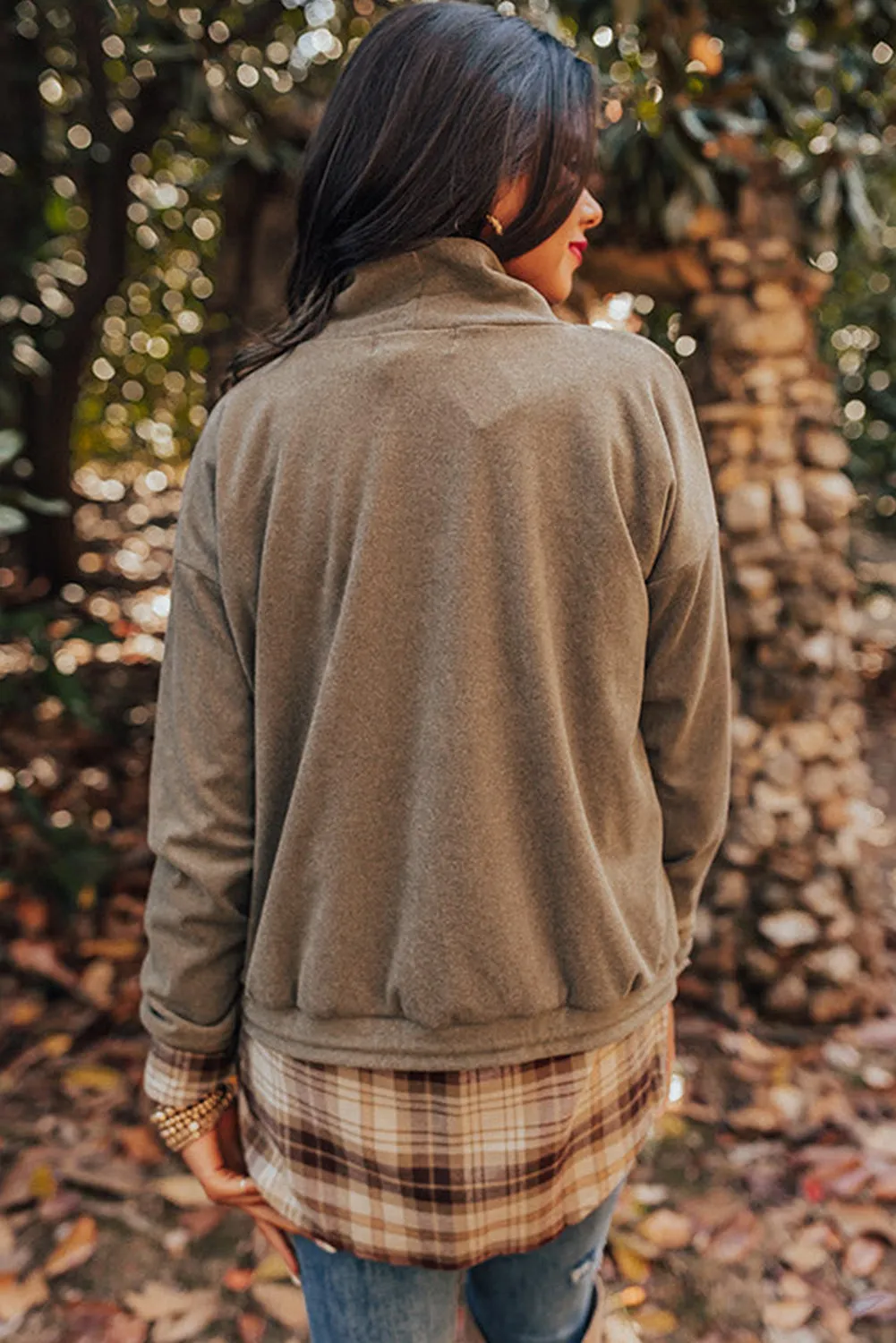 Breen Plaid Patchwork Knotted Hem High Neck Blouse sold by Beagle Boutique product image thumbnail 2