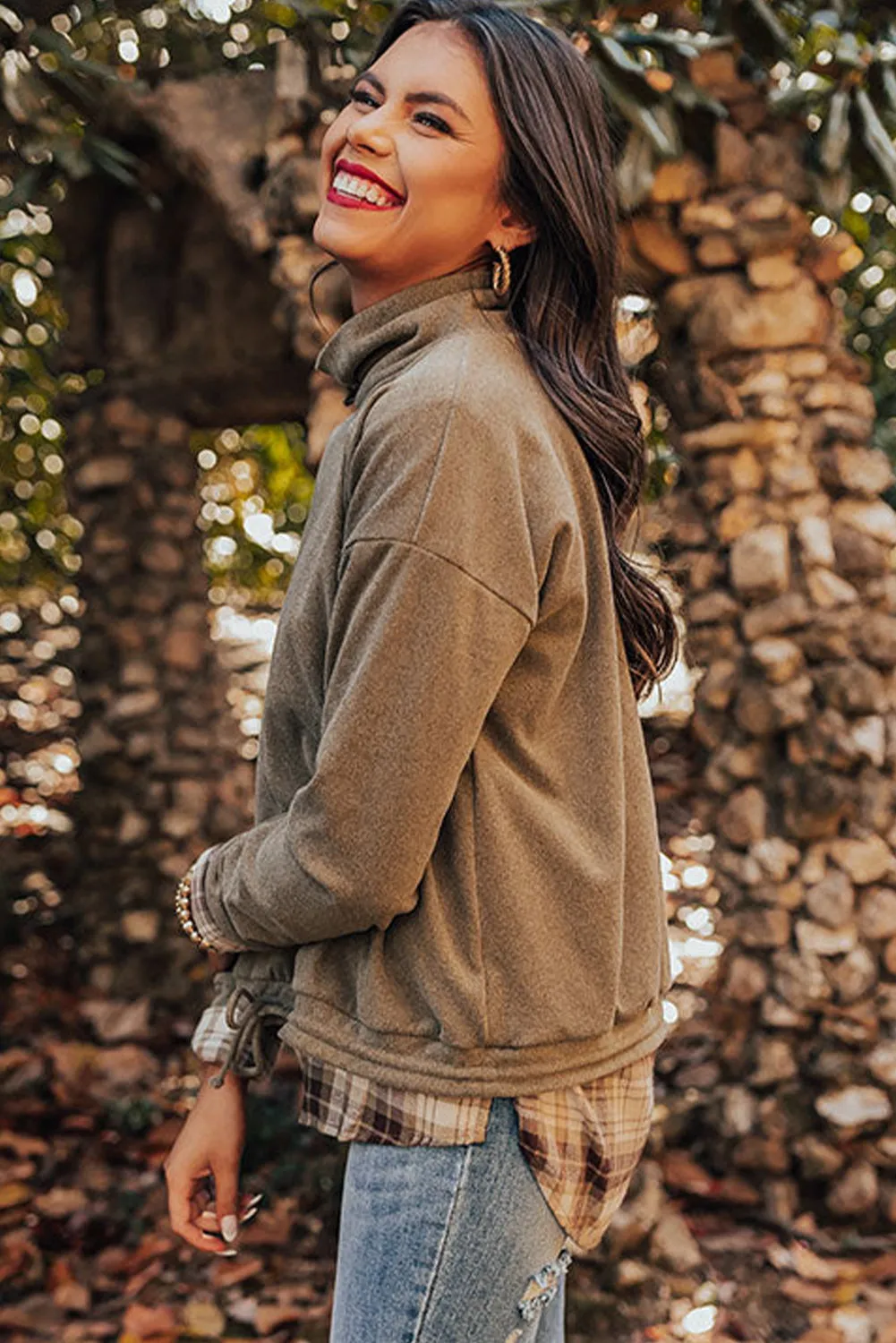 Breen Plaid Patchwork Knotted Hem High Neck Blouse sold by Beagle Boutique product image thumbnail 3