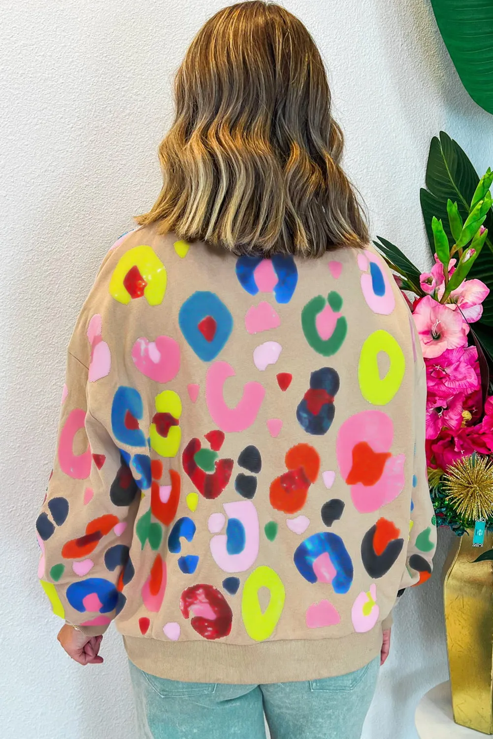 Khaki MultiColour Leopard Printed Drop Shoulder Pullover Sweatshirt sold by Beagle Boutique product image thumbnail 2