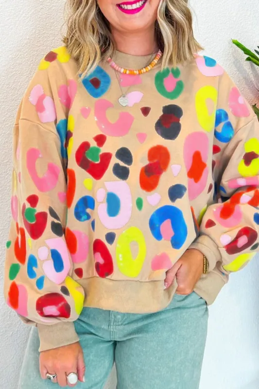 Khaki Multicolor Leopard Printed Drop Shoulder Pullover Sweatshirt sold by Beagle Boutique
