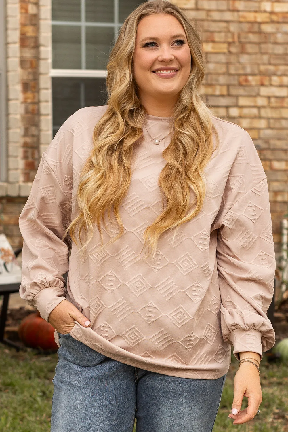 Parchment Plus Size Textured Drop Shoulder Crew Neck Sweatshirt sold by Beagle Boutique