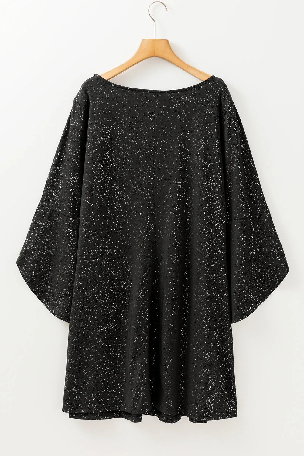 Black Plus Size Glitter Metallic Bell Sleeve Round Neck Mini Dress sold by Beagle Boutique