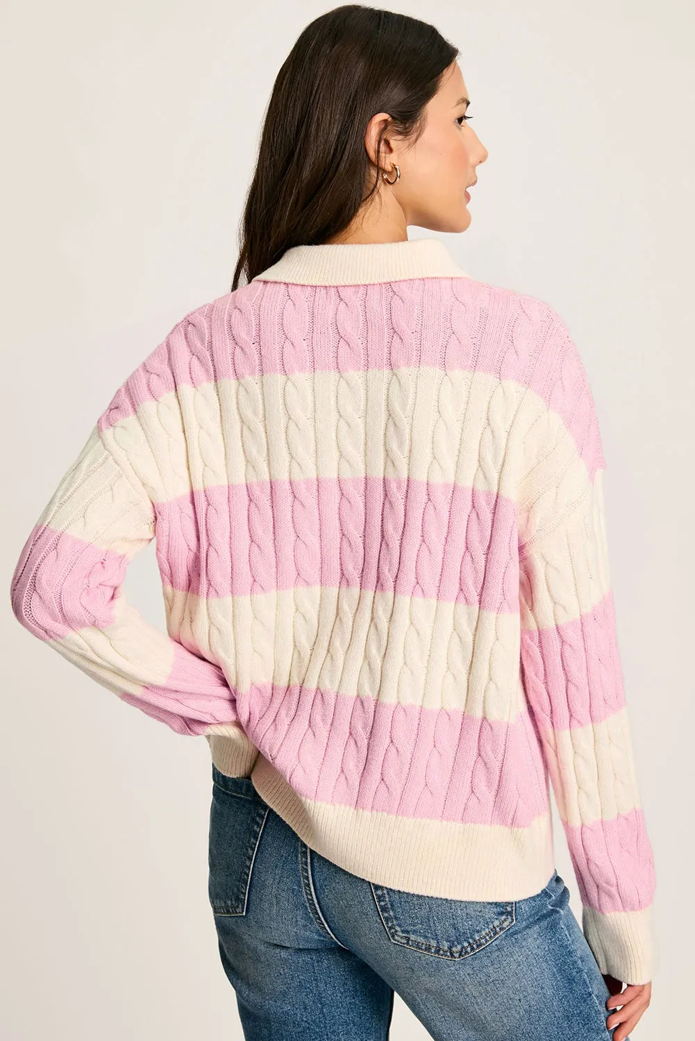 Pink Stripe Cable Knit Collared Henley Sweater sold by Beagle Boutique product image thumbnail 2