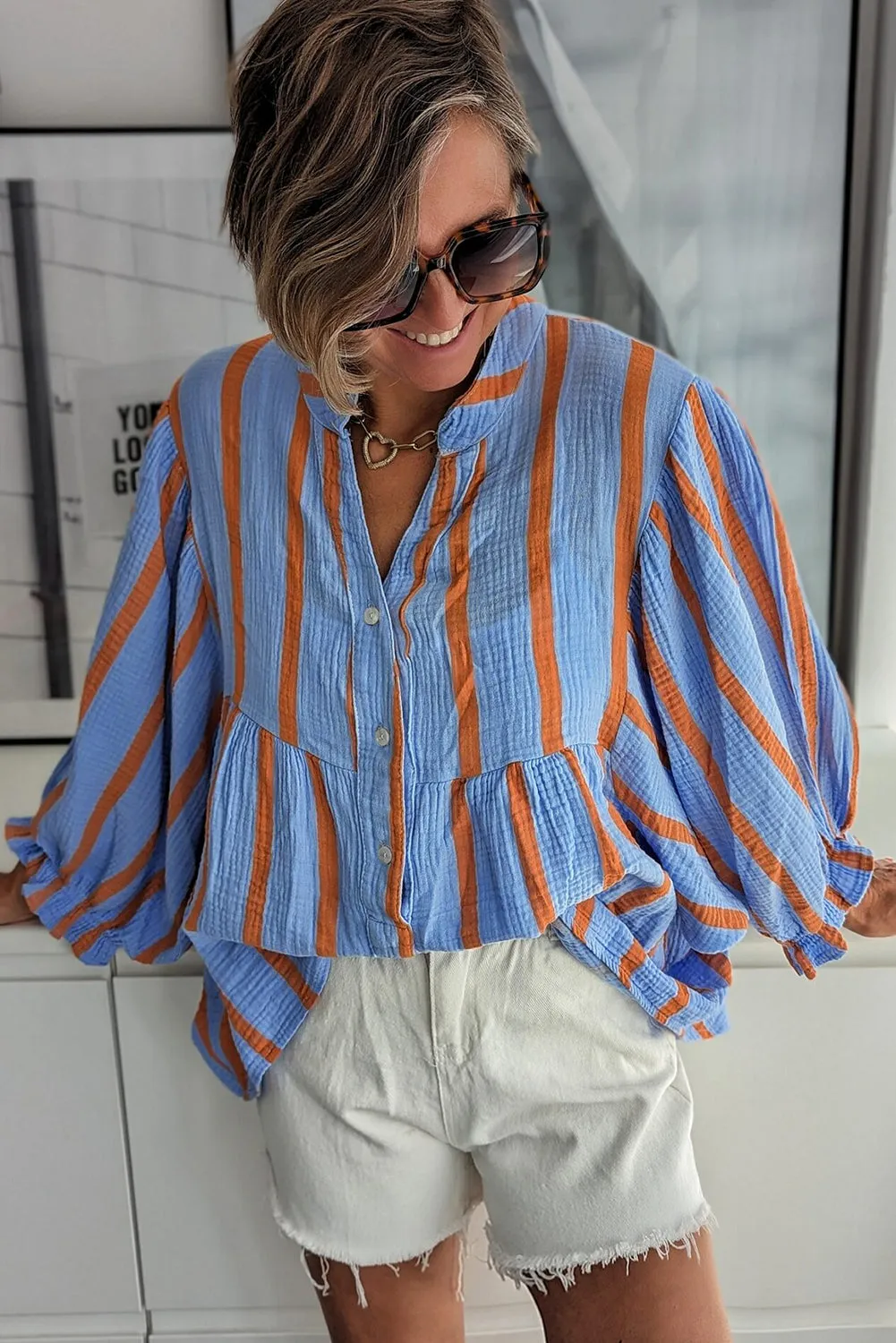 Sky Blue Stripe Crinckled Ruffled Sleeve Button up Loose Shirt sold by Beagle Boutique product image thumbnail 2
