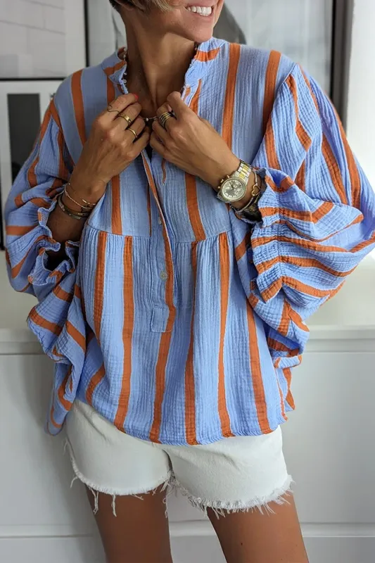 Sky Blue Stripe Crinckled Ruffled Sleeve Button up Loose Shirt sold by Beagle Boutique