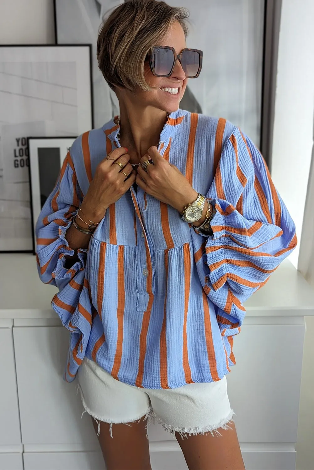 Sky Blue Stripe Crinckled Ruffled Sleeve Button up Loose Shirt sold by Beagle Boutique product image thumbnail 3