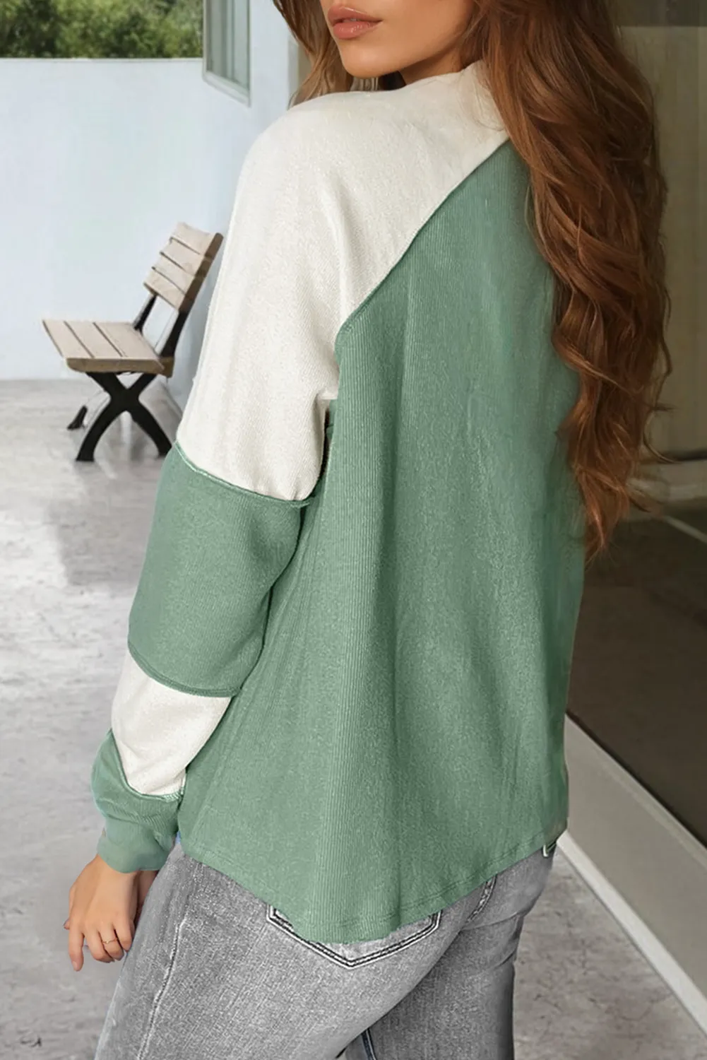 Mint Green Ribbed Colourblock Patchwork Raglan Long Sleeve Top sold by Beagle Boutique product image thumbnail 2