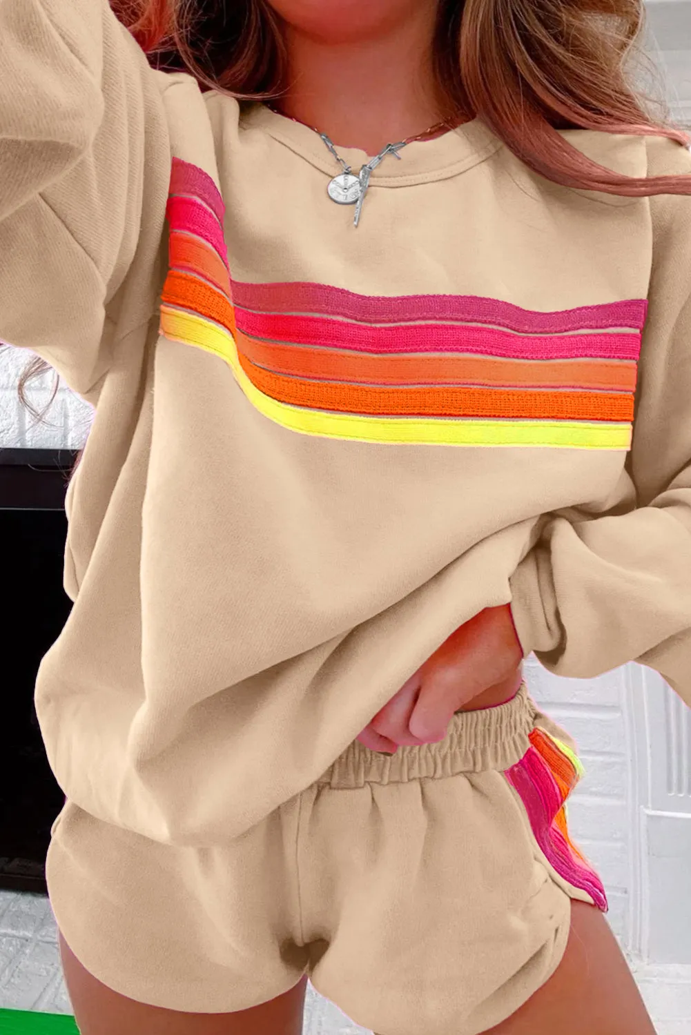 Apricot Striped Accent Pullover and Shorts Two Piece Casual Set sold by Beagle Boutique product image thumbnail 3