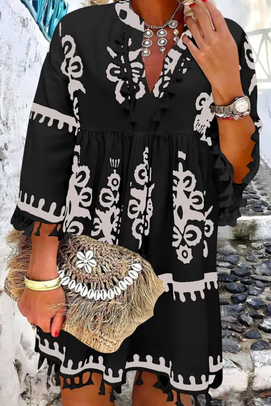Black Plus Size Western Floral Print Fringed V Neck Dress sold by Beagle Boutique