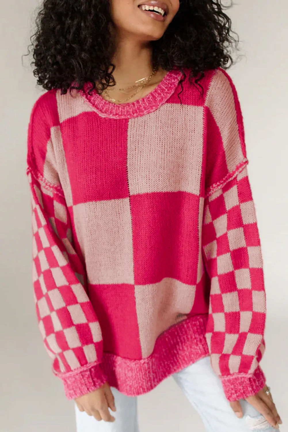 Rose Red Mixed Checkered Pattern Drop Shoulder Loose Sweater sold by Beagle Boutique