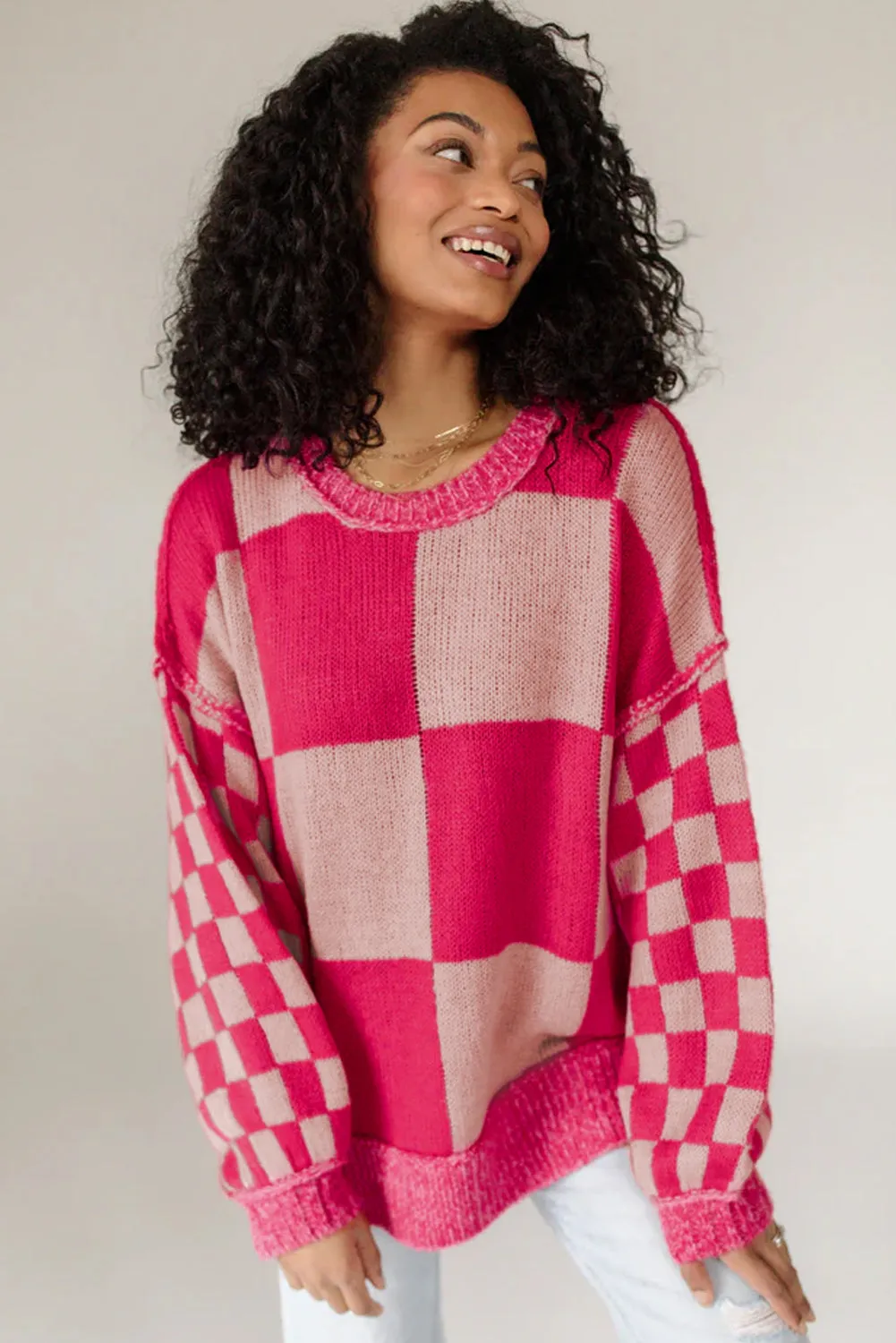 Rose Red Mixed Checkered Pattern Drop Shoulder Loose Sweater sold by Beagle Boutique product image thumbnail 3