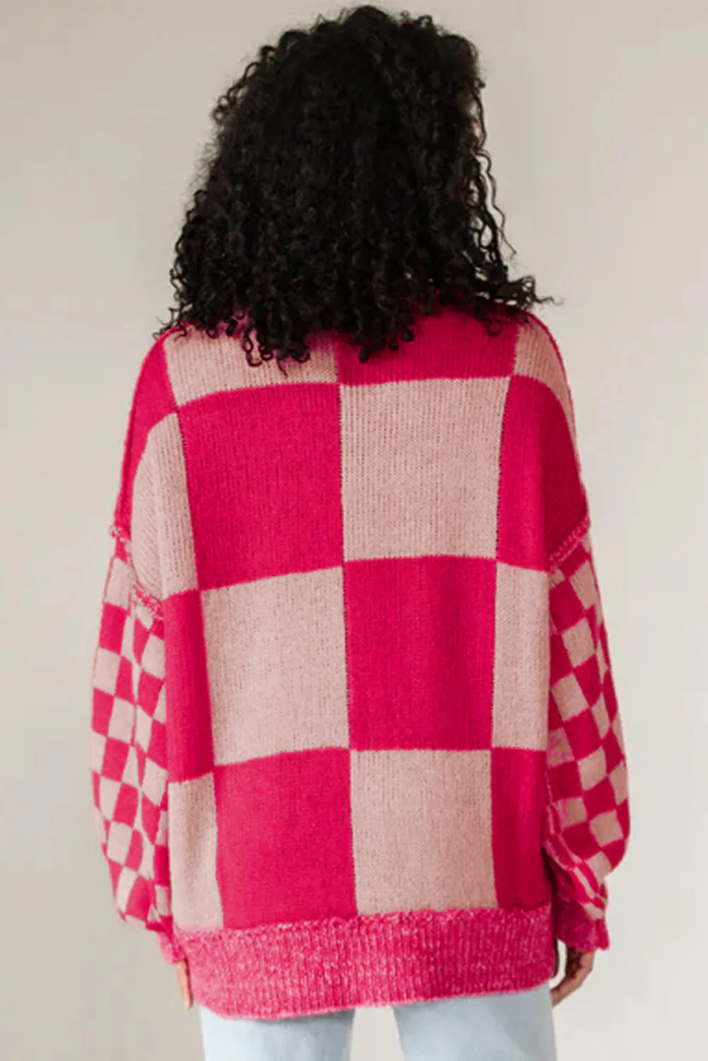 Rose Red Mixed Checkered Pattern Drop Shoulder Loose Sweater sold by Beagle Boutique product image thumbnail 2