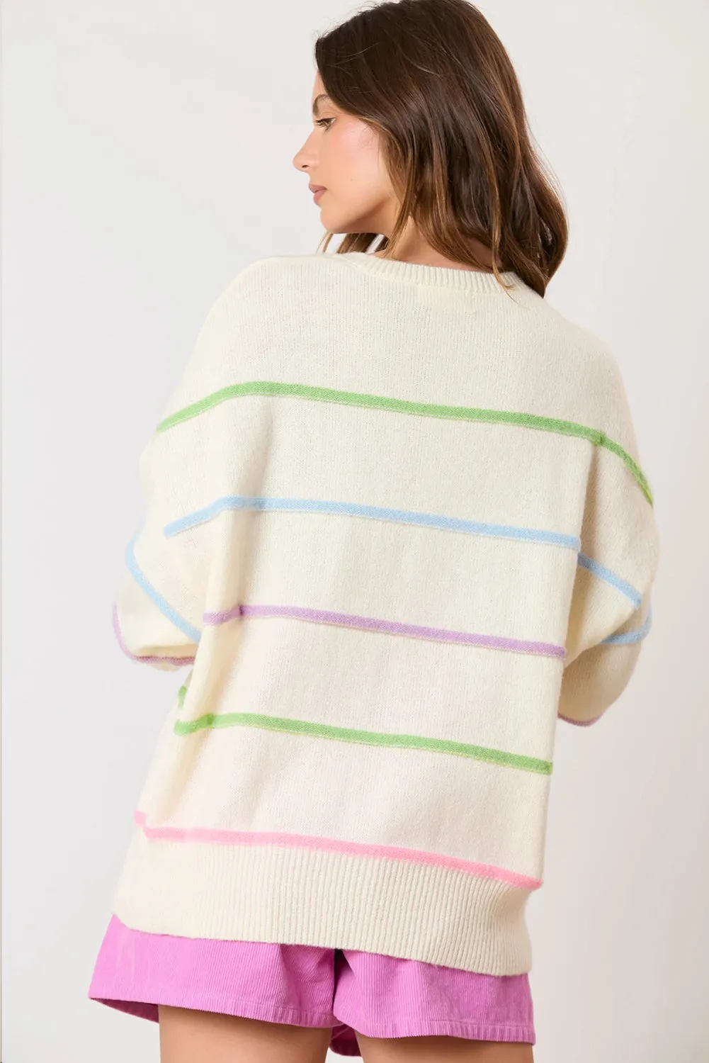White Rainbow Stripes Drop Shoulder Baggy Henley Sweater sold by Beagle Boutique product image thumbnail 2