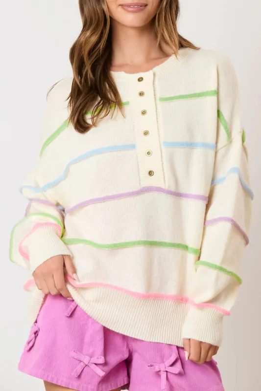 White Rainbow Stripes Drop Shoulder Baggy Henley Sweater sold by Beagle Boutique