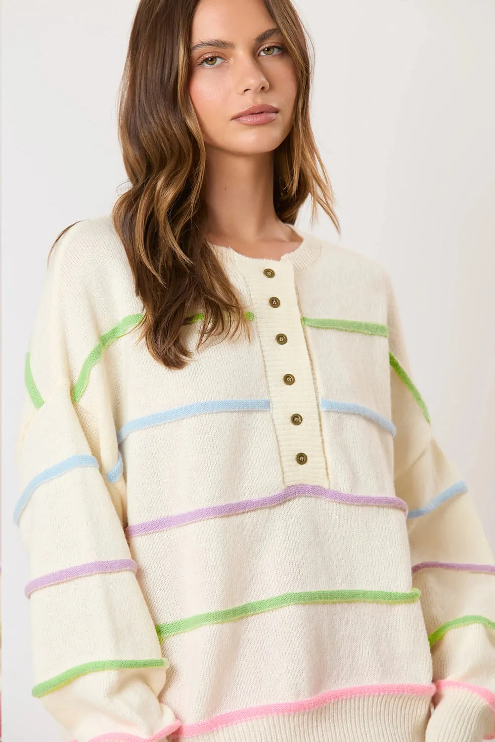 White Rainbow Stripes Drop Shoulder Baggy Henley Sweater sold by Beagle Boutique product image thumbnail 3
