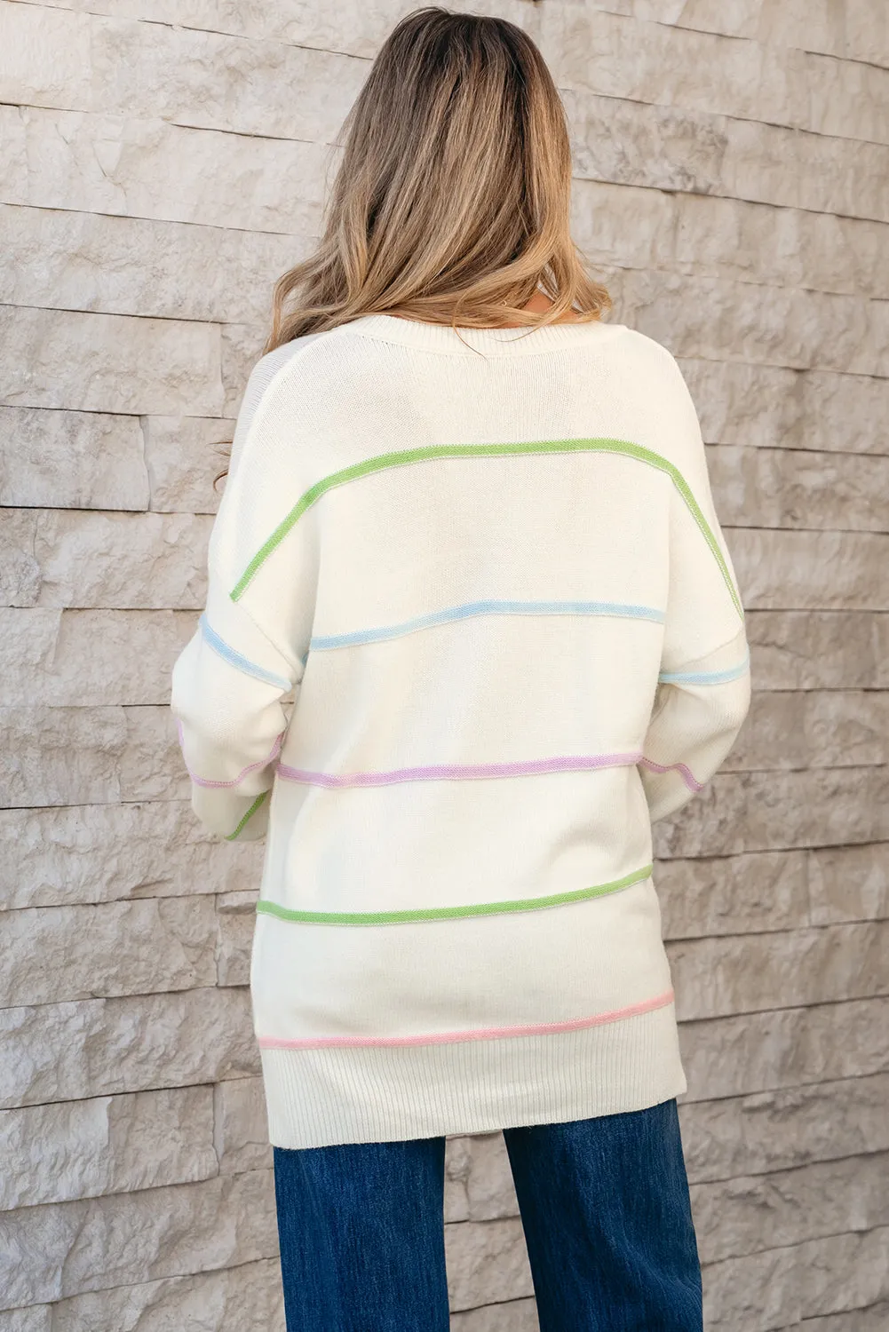 White Rainbow Stripes Drop Shoulder Baggy Henley Sweater sold by Beagle Boutique product image thumbnail 5