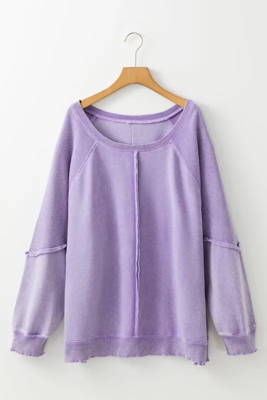 Orchid Petal Textured Patchwork Frilled Trim Plus Size Pullover Sweatshirt sold by Beagle Boutique