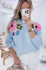 Light Blue Knitted Flower Pattern Ribbed Edge Sweater sold by Beagle Boutique