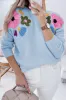 Light Blue Knitted Flower Pattern Ribbed Edge Sweater sold by Beagle Boutique