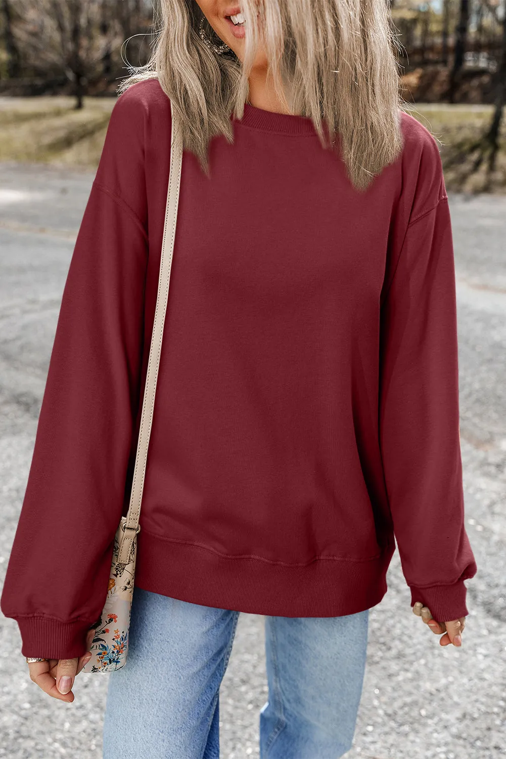Burgundy Plain Drop Shoulder Crewneck Pullover Sweatshirt sold by Beagle Boutique product image thumbnail 2