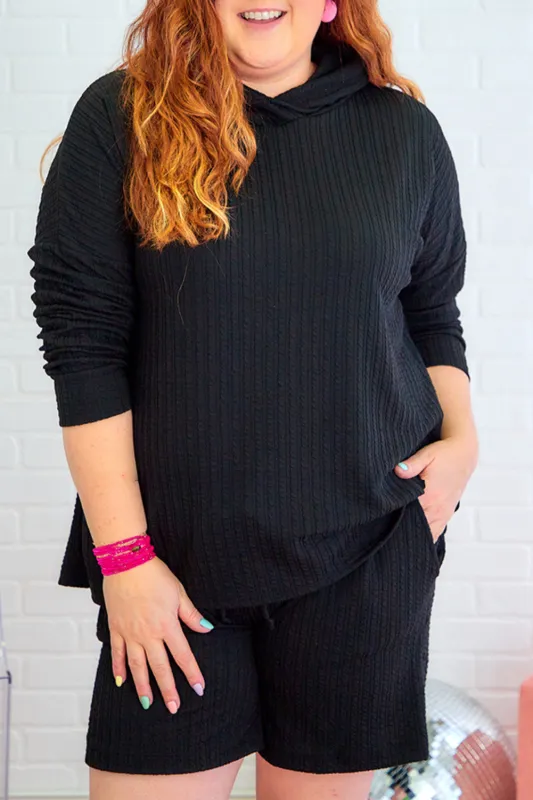 Black Textured Hoodie and Shorts Plus Size Two Piece Set sold by Beagle Boutique