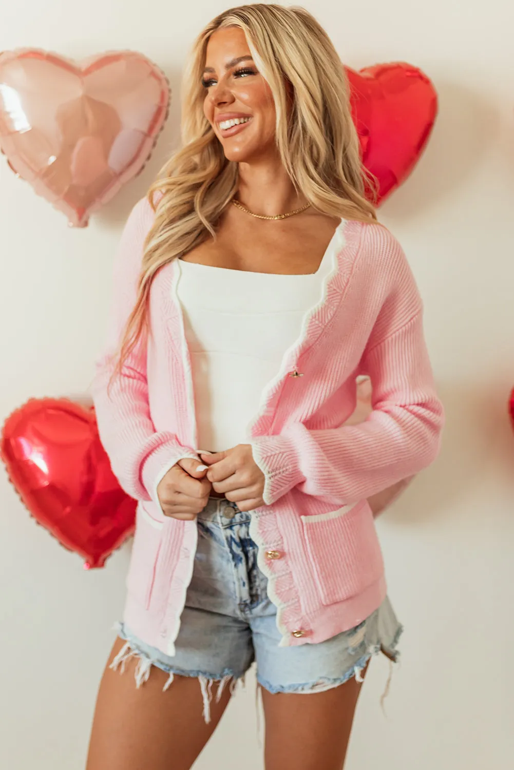 Pink Ribbed Knit Scalloped Edge Side Pockets Buttoned Cardigan sold by Beagle Boutique