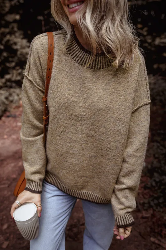 Pale Khaki Contrast Trim Mock Neck Drop Shoulder Sweater sold by Beagle Boutique