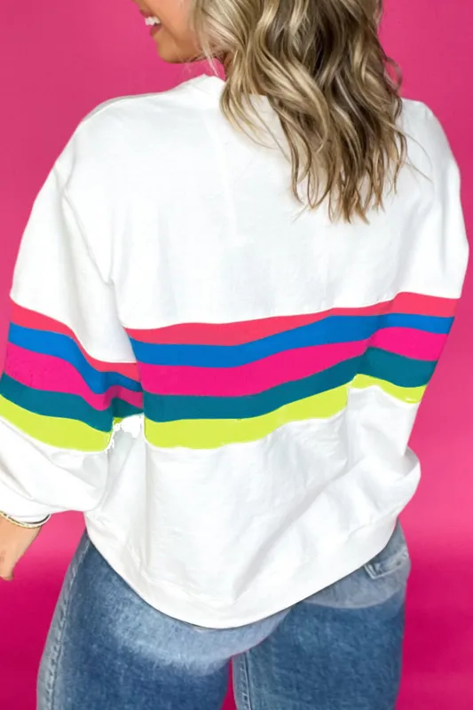White Plus Size Colourful Striped Drop Shoulder Loose Sweatshirt sold by Beagle Boutique
