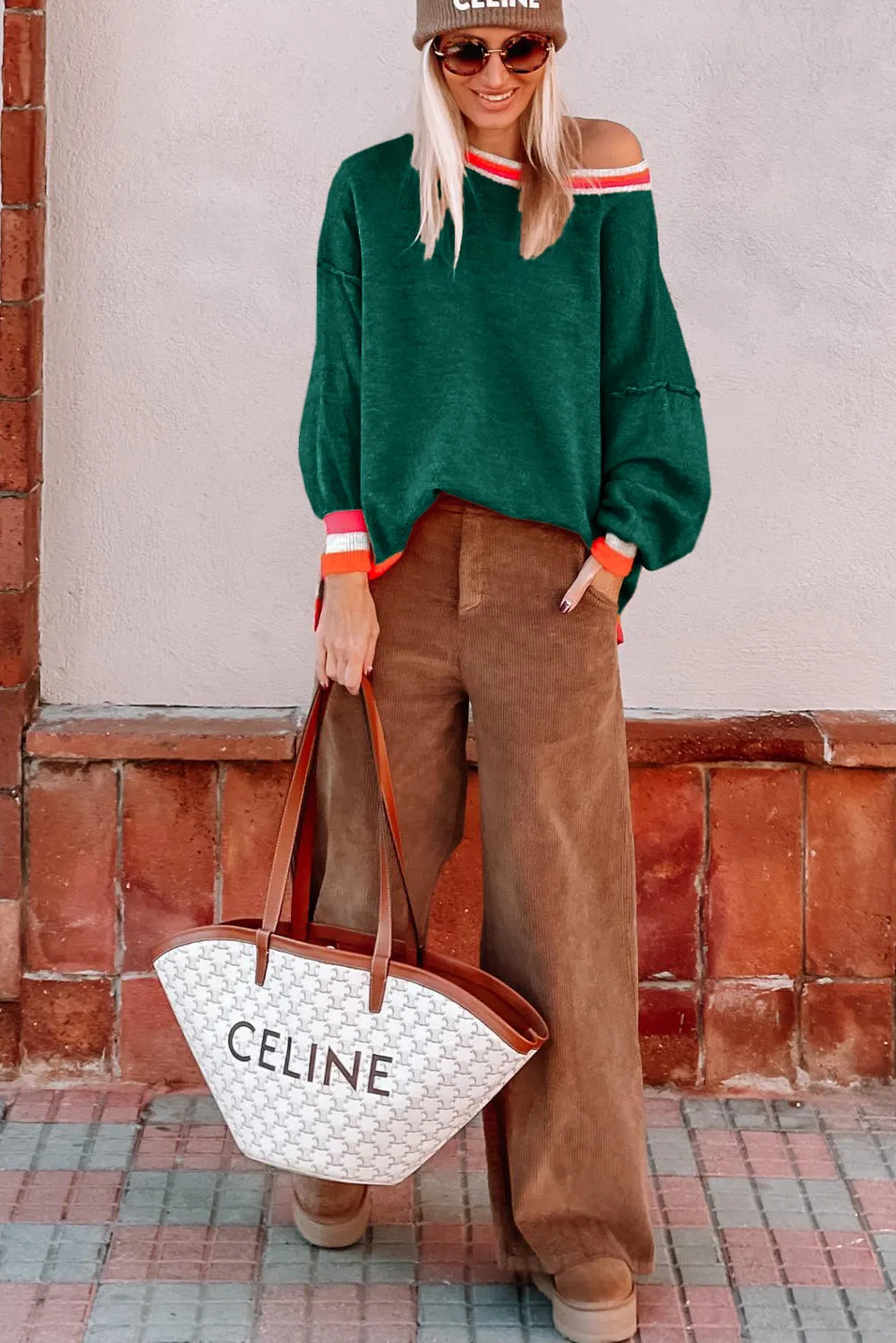 Blackish Green Colourblock Striped Trim Drop Shoulder Sweater sold by Beagle Boutique product image thumbnail 3