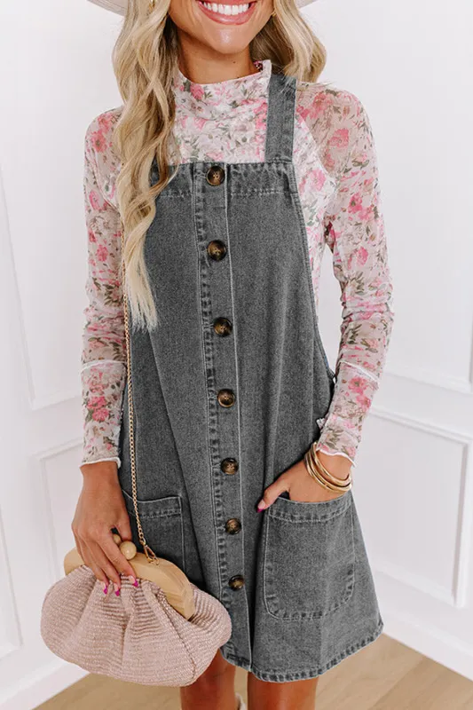 Medium Grey Wide Strap Button Front Pocketed Denim Mini Dress sold by Beagle Boutique