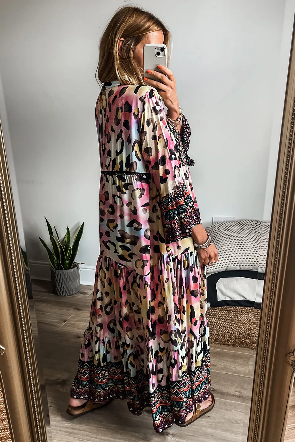 Pink Western Leopard Printed 3/4 Sleeve Buttoned Front Tiered Maxi Dress sold by Beagle Boutique product image thumbnail 2