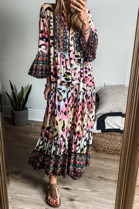 Pink Western Leopard Printed 3/4 Sleeve Buttoned Front Tiered Maxi Dress sold by Beagle Boutique